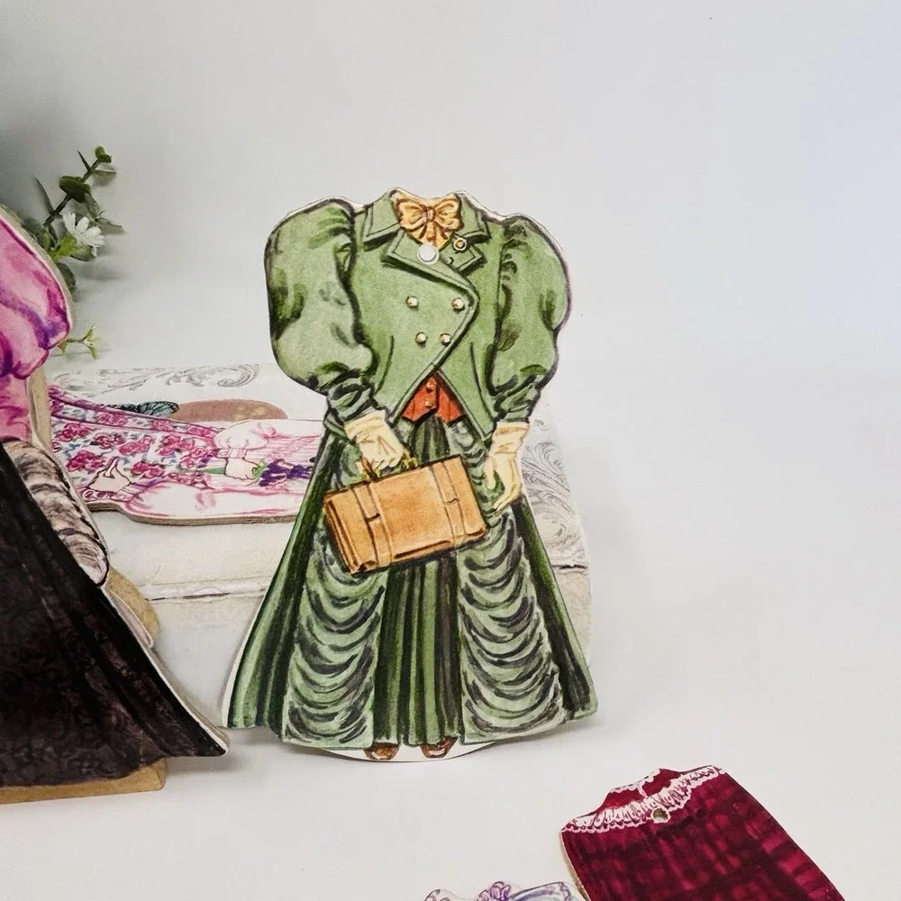Vintage Wooden Paper Dolls Victorian Dress Up & Fireplace Lot Cottagecore